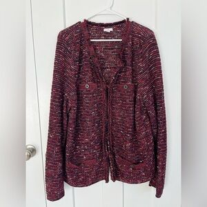 J.Jill Textured Knit Open Front Cardigan Red Black Tweed Look Long Sleeve XL